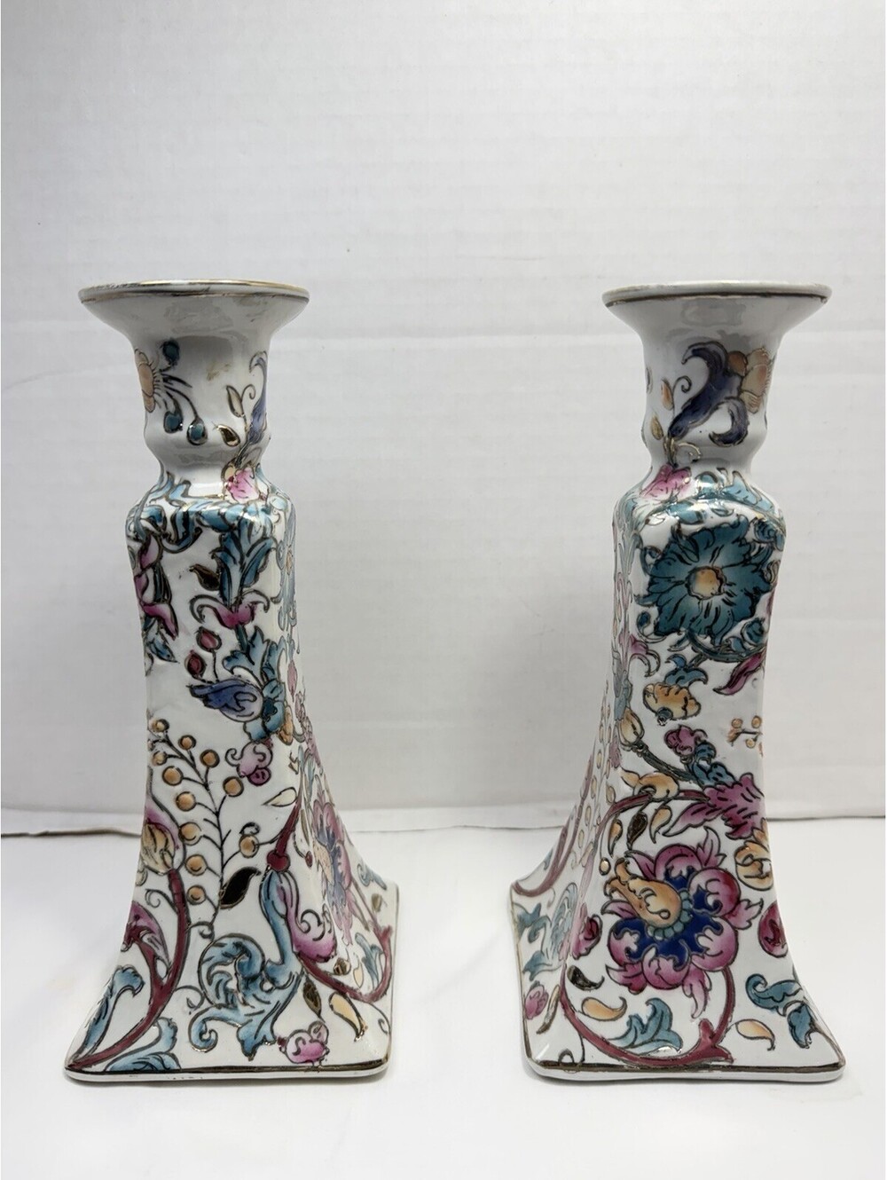 Vintage Chinese Famille Rose Porcelain Candlestick Holders Chinoiserie Pair